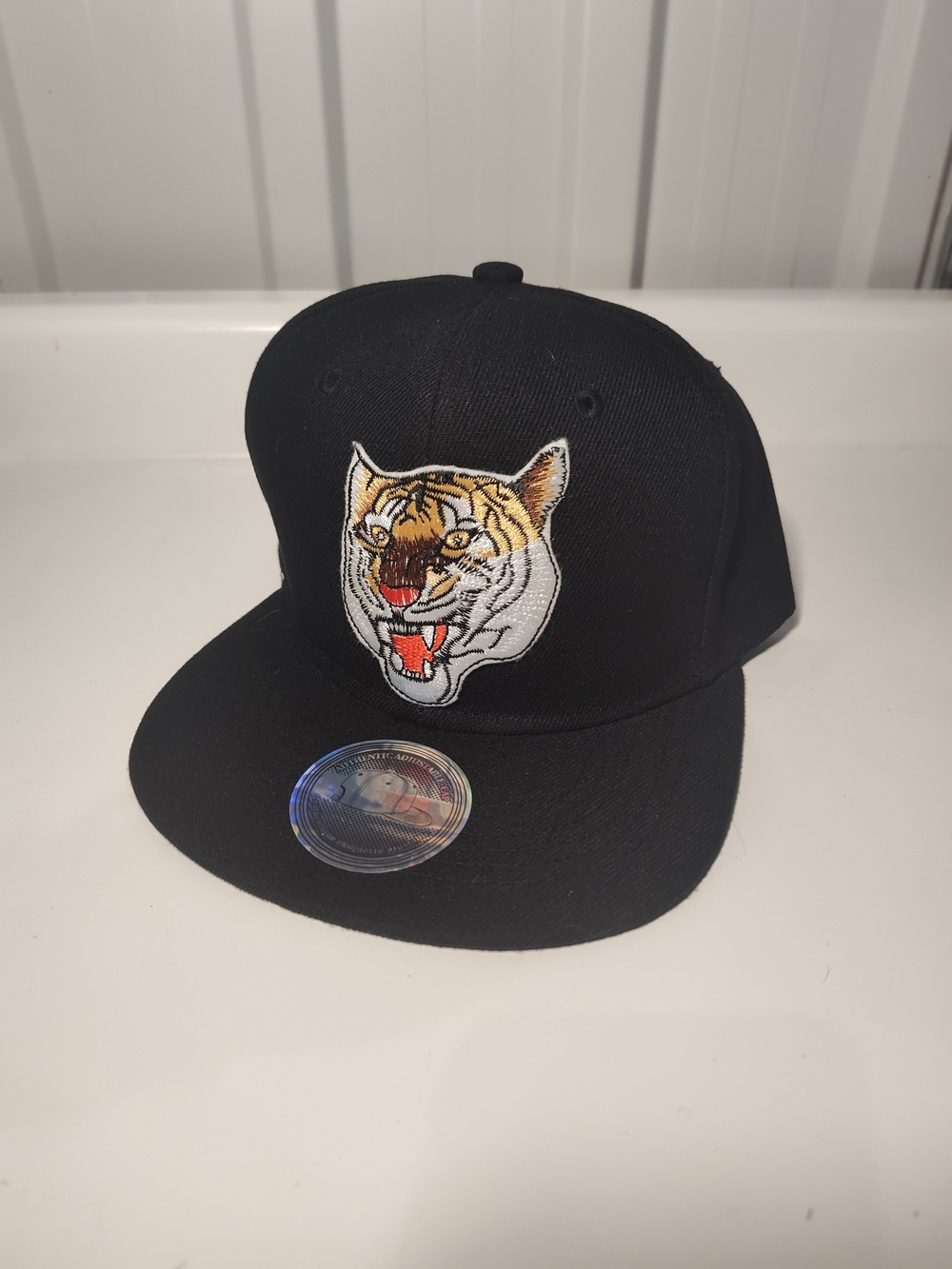 Black Snapback Hat with Embroidered Tiger Patch